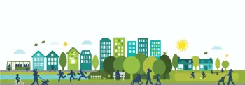 A vibrant illustration of a city scene featuring people engaging in various outdoor activities like walking, cycling, and jogging. The background displays green trees and a variety of buildings, including houses and skyscrapers, under a bright sun. A bus and several vehicles are also visible, enhancing the lively urban atmosphere.