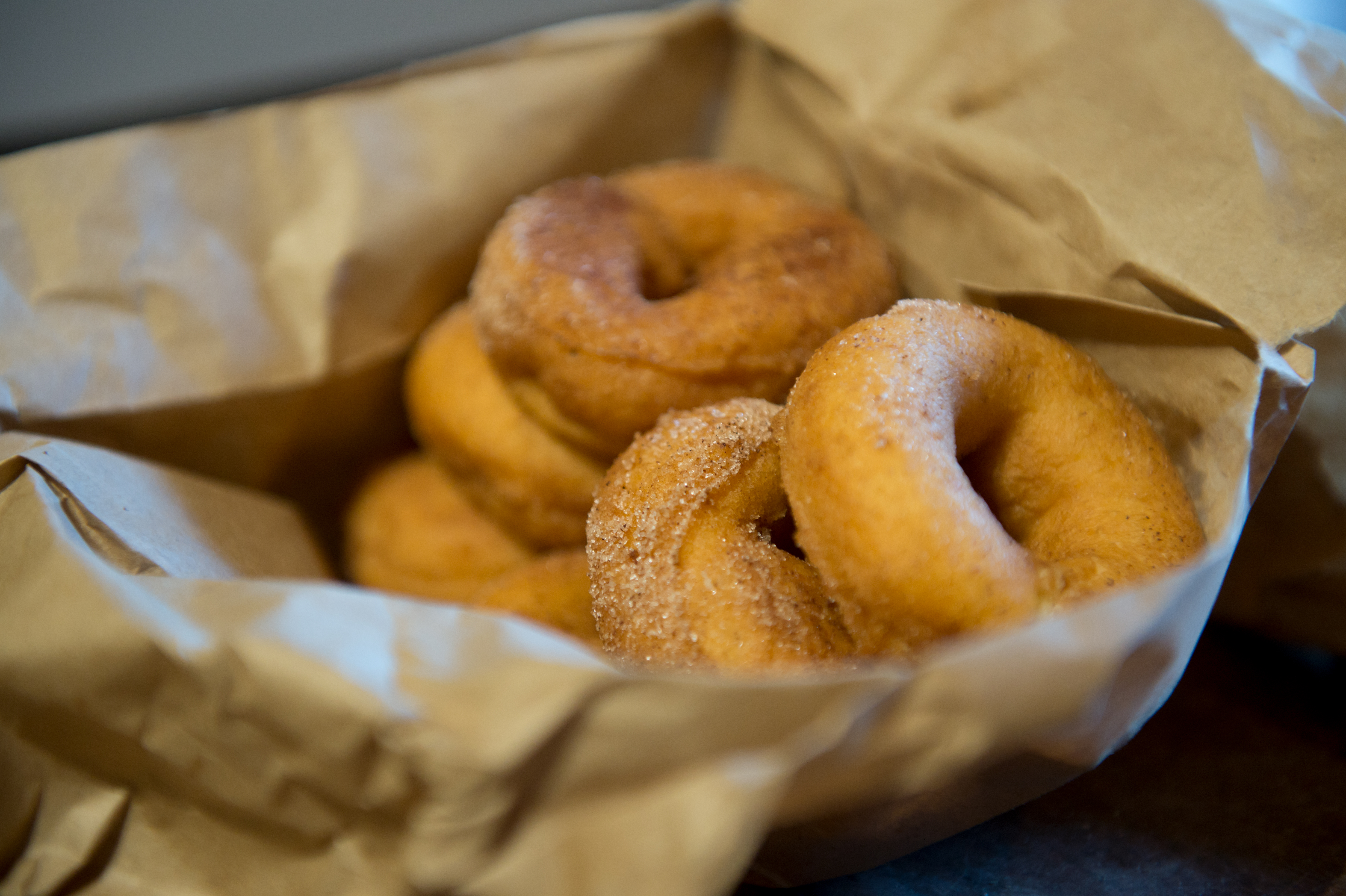 Tyrone Mills apple cider doughnut Tyrone Mills apple cider doughnuts in a paper bag