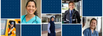 This image features a collage of five people in various professional settings. On the left, an individual in an orange safety vest smiles from a vehicle. In the center, a person with a stethoscope wears medical scrubs. Nearby, another individual in a hijab stands indoors. On the right, a person in a transportation uniform smiles in front of a bus, and next to them, another individual in medical attire smiles warmly. The background is a blue dotted pattern.