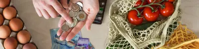 A person holds money over table with food on it