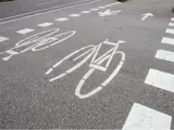 Mixed crossride pavement markings indicating direction pedestrians and cyclists with arrows