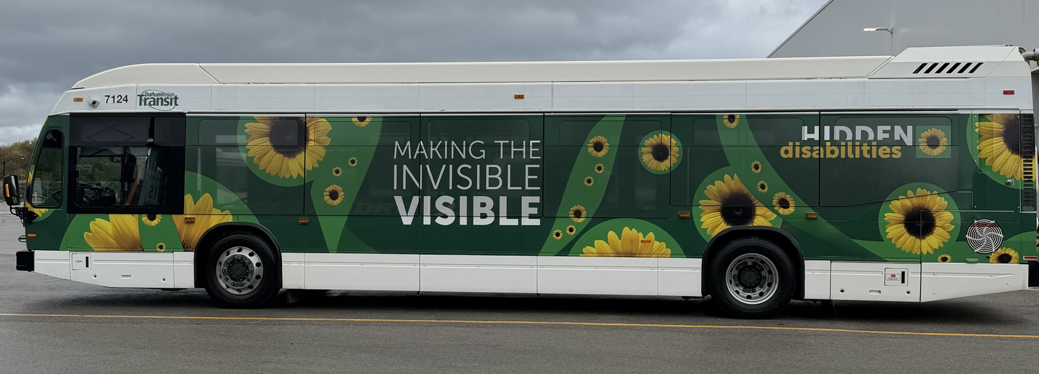 A DRT bus wrapped with a light green and dark green colours, and yellow sunflowers on it. Parked at a DRT depot. 