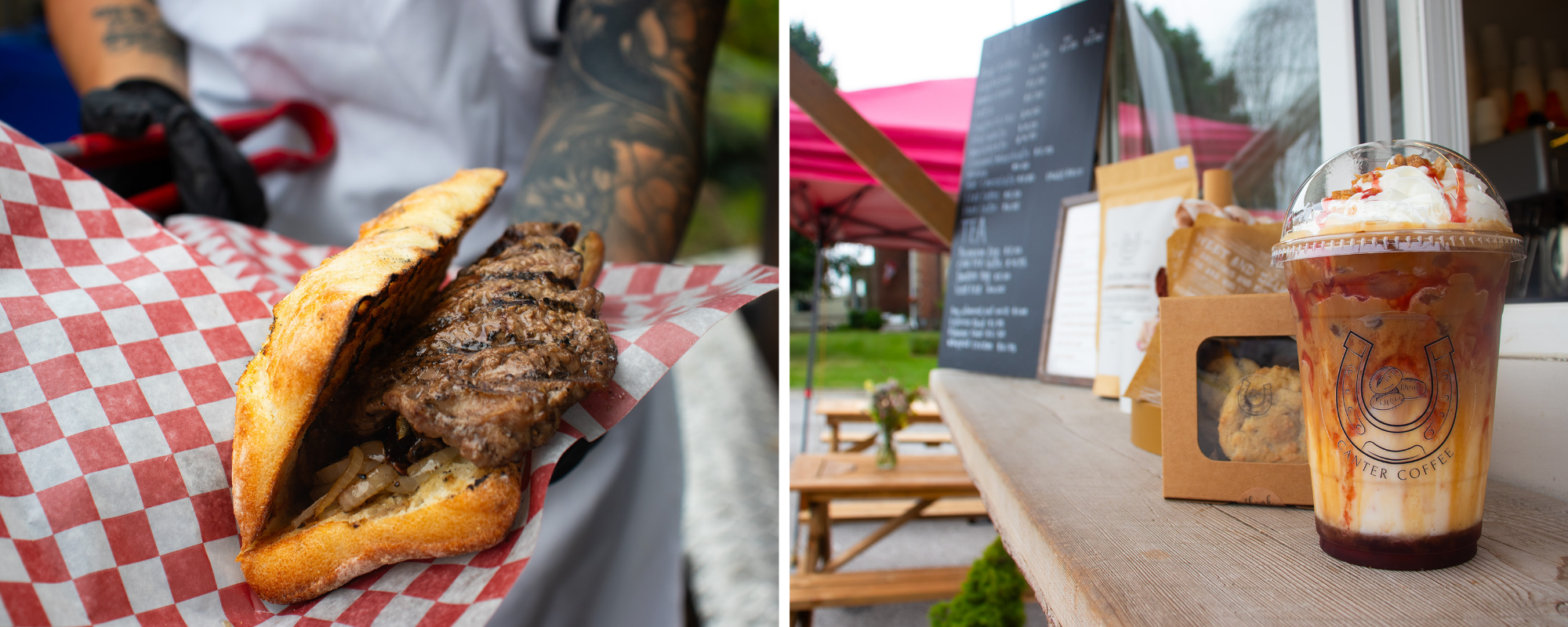 Collage of images including a steak sandwich being handed to the person behind the camera and an iced coffee sitting on the ledge of a coffee trailer