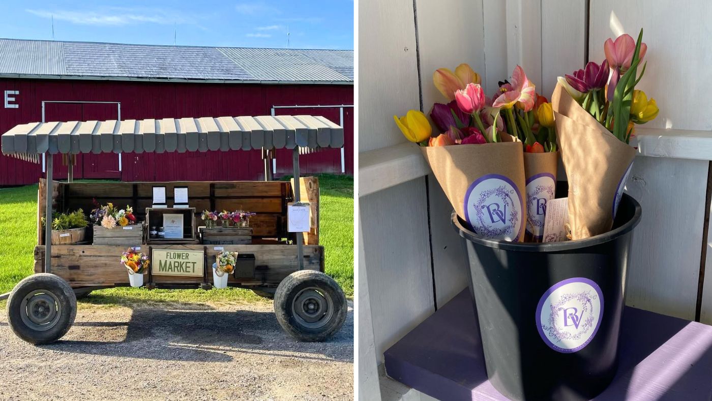 Collage of farm markets and flower stands in Durham Region, Ontario