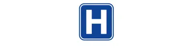 Blue hospital sign with a white "H" inside a blue square, bordered by a blue outline.