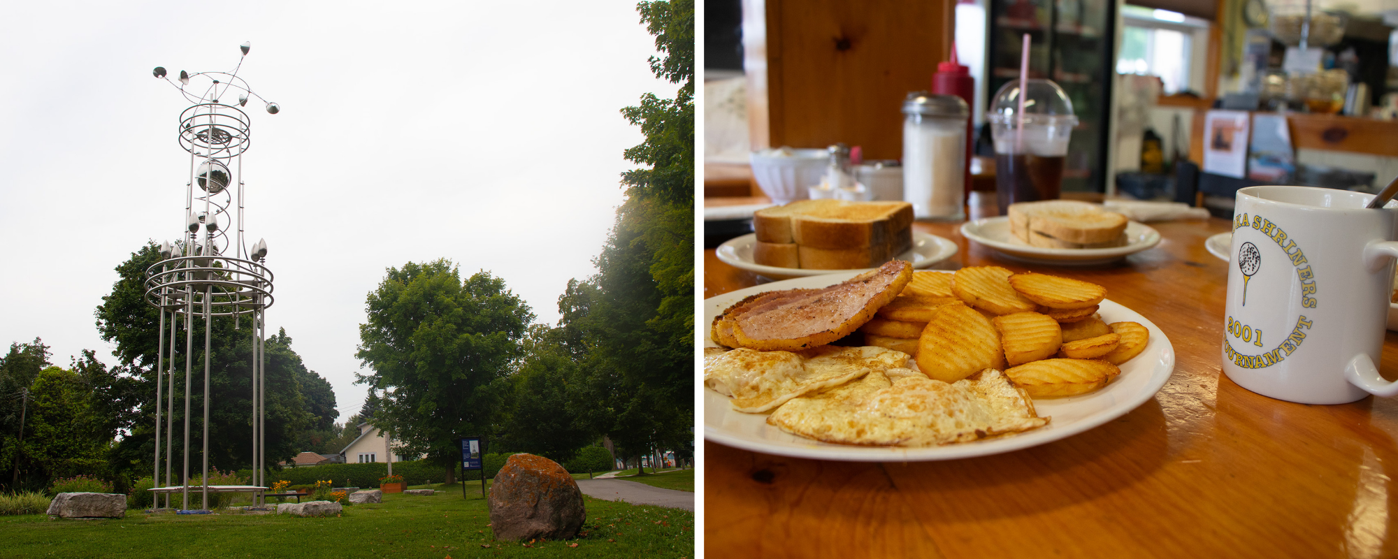 Collage of images including sculpture in Beaverton, Ontario and a plate of eggs, peameal bacon, and hashbrowns on a table with coffee and toast beside it
