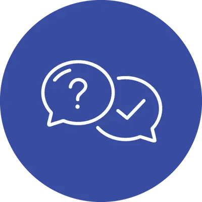 Thought bubbles with a question mark and a check mark. 