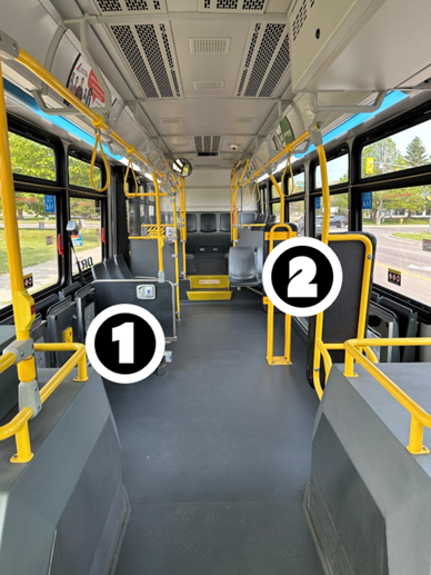Inside of a DRT bus with a number one and number 2