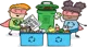 Cartoon images of waste heroes with blue boxes and green bin