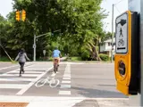 Pedestrian and cyclist using combined crossride
