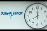 YouTube thumbnail of a clock on the wall with Durham Region 101 
