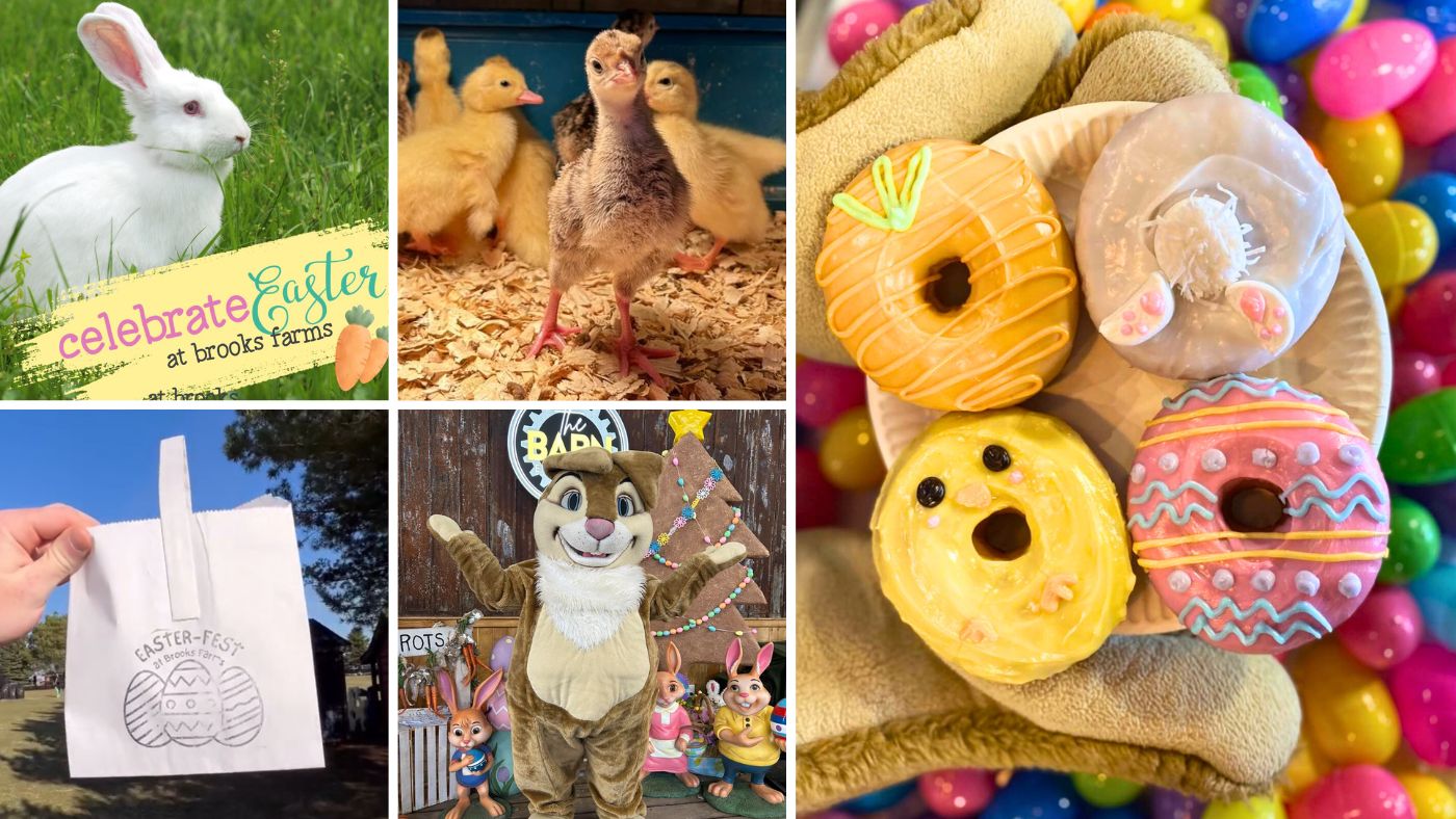 Collage of Easter festivities at Brooks Farms in Uxbridge, Ontario